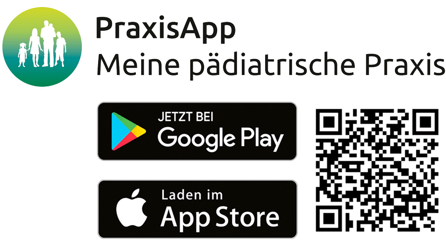 PraxisApp Meine pädiatrische Praxis: erhältlich bei Google Play und im App Store, mit QR-Code zum Download